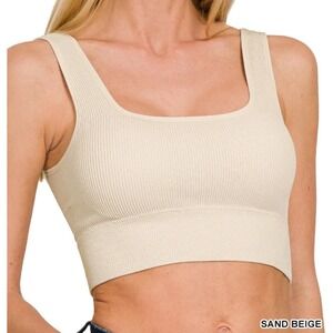 Zenana Sand Beige S/M Ribbed Square Neck Bralette w/ pads Brami Crop Top 6134